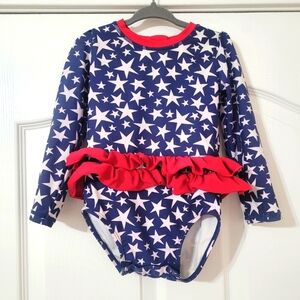 💥3/$24 Wave Zone Patriotic Red White And Blue/Stars Long‎ Sleeve Swim Suit